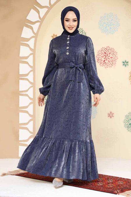 Modest Navy Blue Jacquard Dress 23891L - NEVA STYLE