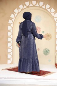 Modest Navy Blue Jacquard Dress 23891L - 4