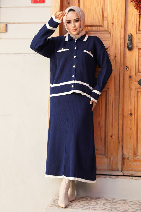Modest Navy Blue Knitwear Dual Skirt Suit 23326L - NEVA STYLE