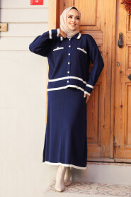 Modest Navy Blue Knitwear Dual Skirt Suit 23326L - 2