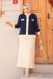 Modest Navy Blue Knitwear Dual Skirt Suit 24196L - 2