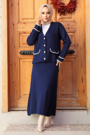 Modest Navy Blue Knitwear Dual Skirt Suit 24204L - 2