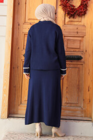 Modest Navy Blue Knitwear Dual Skirt Suit 24204L - 3