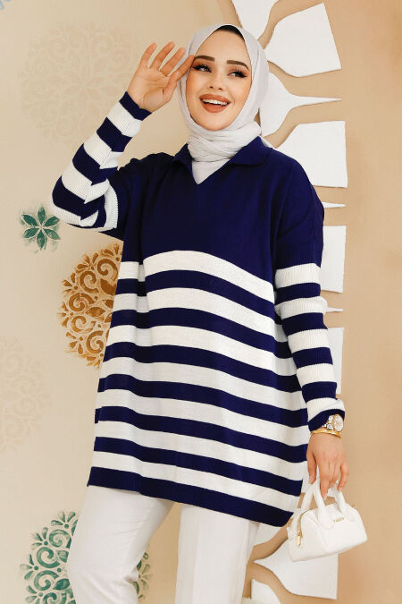 Modest Navy Blue Knitwear Jumper Top 53401L - NEVA STYLE