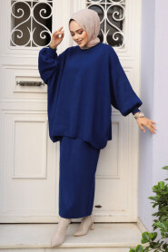 Modest Navy Blue Knitwear Skirted Dual Suit 70071L - 1