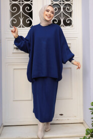 Modest Navy Blue Knitwear Skirted Dual Suit 70071L - 2