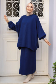 Modest Navy Blue Knitwear Skirted Dual Suit 70071L - 3