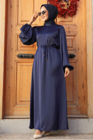 Modest Navy Blue Long Satin Dress 30371L - 1