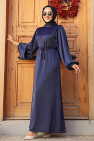 Modest Navy Blue Long Satin Dress 30371L - 2