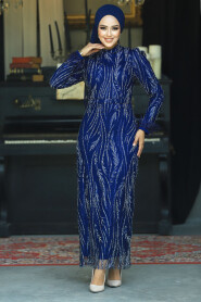 Modest Navy Blue Long Sleeve Evening Dress 52053L - 1