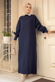 Modest Navy Blue Long Sleeve Knitwear Dress 100013L - 1