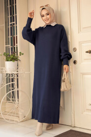 Modest Navy Blue Long Sleeve Knitwear Dress 100013L - 2