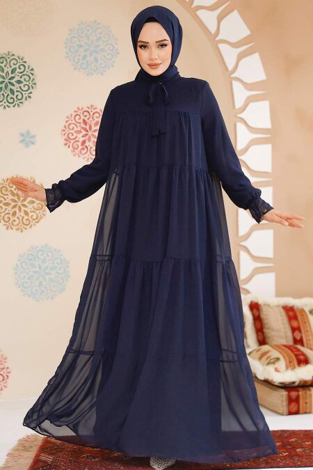 Modest Navy Blue Maxi Dress 23601L - NEVA STYLE