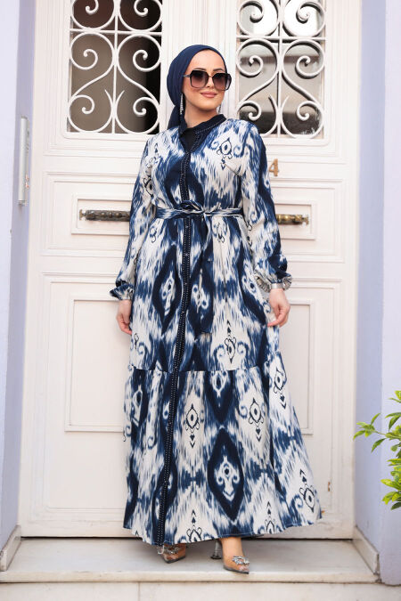 Modest Navy Blue Patterned Long Dress 23923L - NEVA STYLE