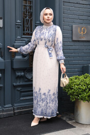 Modest Navy Blue Pleated Dress 23501L - 2