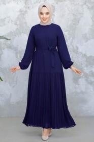 Modest Navy Blue Pleated Long Dress 23771L 