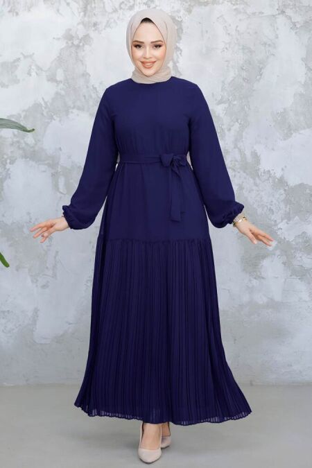 Modest Navy Blue Pleated Long Dress 23771L - NEVA STYLE