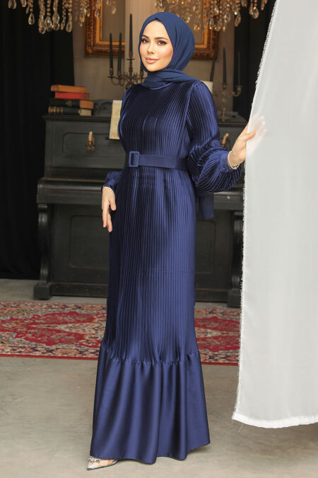 Modest Navy Blue Pleated Maxi Dress 43532L - NEVA STYLE