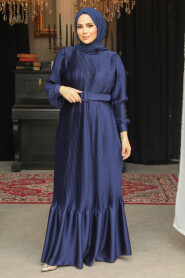 Modest Navy Blue Pleated Maxi Dress 43532L - 2