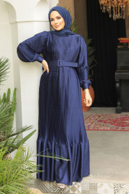 Modest Navy Blue Pleated Maxi Dress 43532L - 3