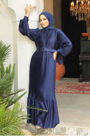 Modest Navy Blue Pleated Maxi Dress 43532L - 4