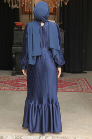 Modest Navy Blue Pleated Maxi Dress 43532L - 5