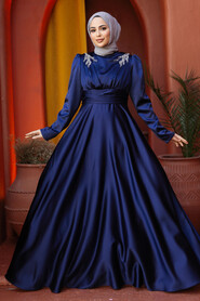 Modest Navy Blue Satin Bridesmaid Dress 25880L - 1