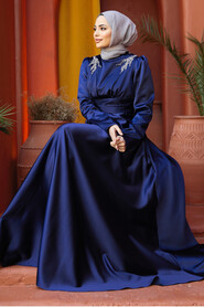 Modest Navy Blue Satin Bridesmaid Dress 25880L - 2