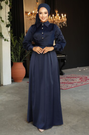 Modest Navy Blue Satin Dress 45661L - 2