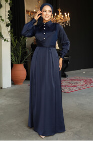 Modest Navy Blue Satin Dress 45661L - 1