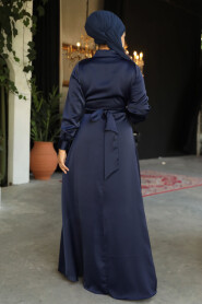 Modest Navy Blue Satin Dress 45661L - 3