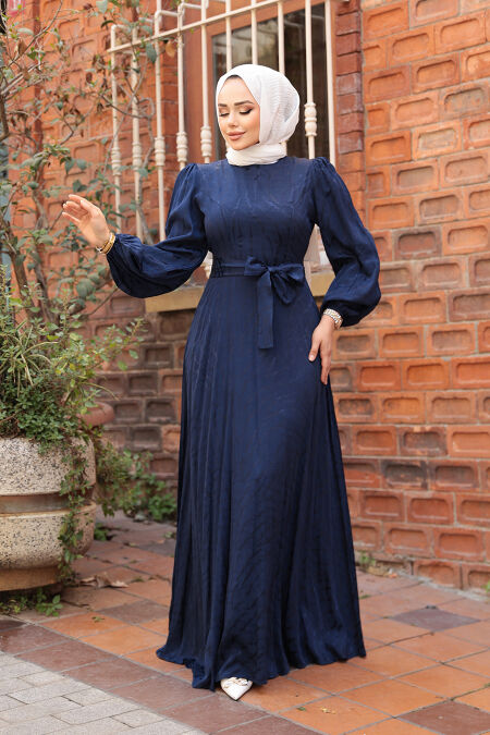 Modest Navy Blue Satin Engagement Dress 23273L - NEVA STYLE