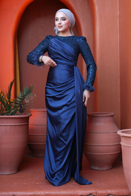Modest Navy Blue Satin Engagement Dress 52151L - NEVA STYLE