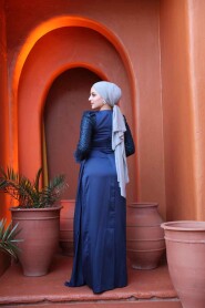Modest Navy Blue Satin Engagement Dress 52151L - 6