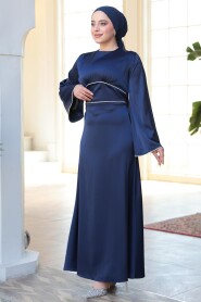 Modest Navy Blue Satin Engagement Dress 61592L - 3