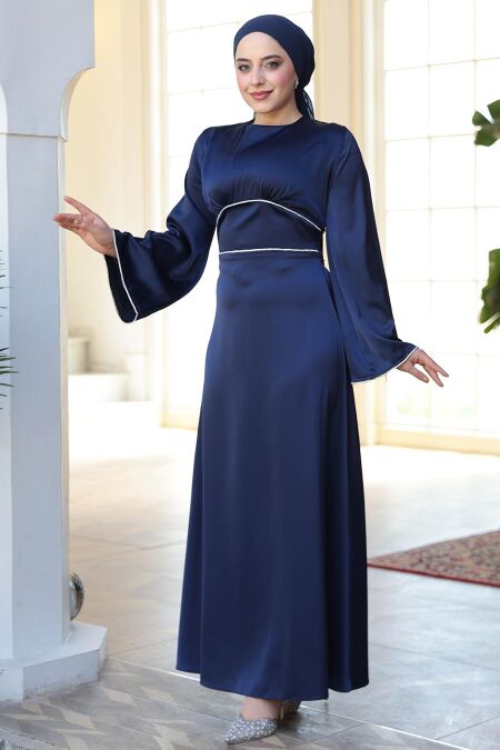 Modest Navy Blue Satin Engagement Dress 61592L - NEVA STYLE