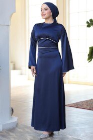 Modest Navy Blue Satin Engagement Dress 61592L - 2