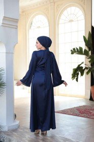 Modest Navy Blue Satin Engagement Dress 61592L - 4