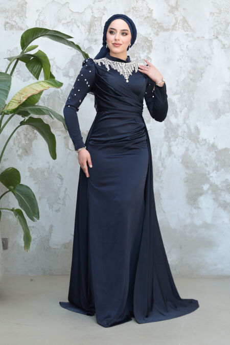 Modest Navy Blue Satin Engagement Gown 51312L - NEVA STYLE