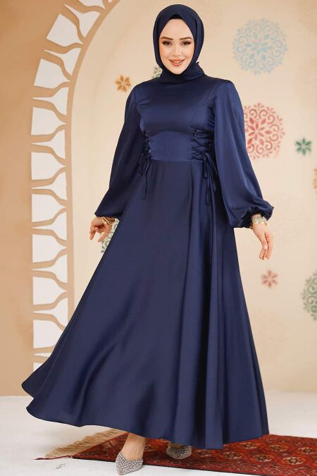 Modest Navy Blue Satin Engagement Gown 61501L - NEVA STYLE