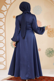 Modest Navy Blue Satin Engagement Gown 61501L - 4