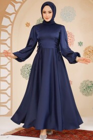 Modest Navy Blue Satin Engagement Gown 61501L - 2