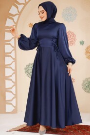 Modest Navy Blue Satin Engagement Gown 61501L - 3