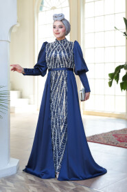 Modest Navy Blue Satin Evening Dress 50901L - 1