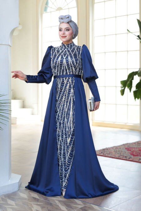 Modest Navy Blue Satin Evening Dress 50901L - NEVA STYLE