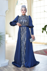 Modest Navy Blue Satin Evening Dress 50901L - 2