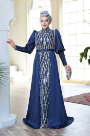 Modest Navy Blue Satin Evening Dress 50901L - 3