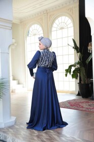 Modest Navy Blue Satin Evening Dress 50901L - 4