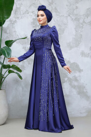 Modest Navy Blue Satin Evening Gown 47112L - 2