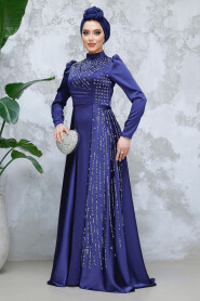 Modest Navy Blue Satin Evening Gown 47112L - 3